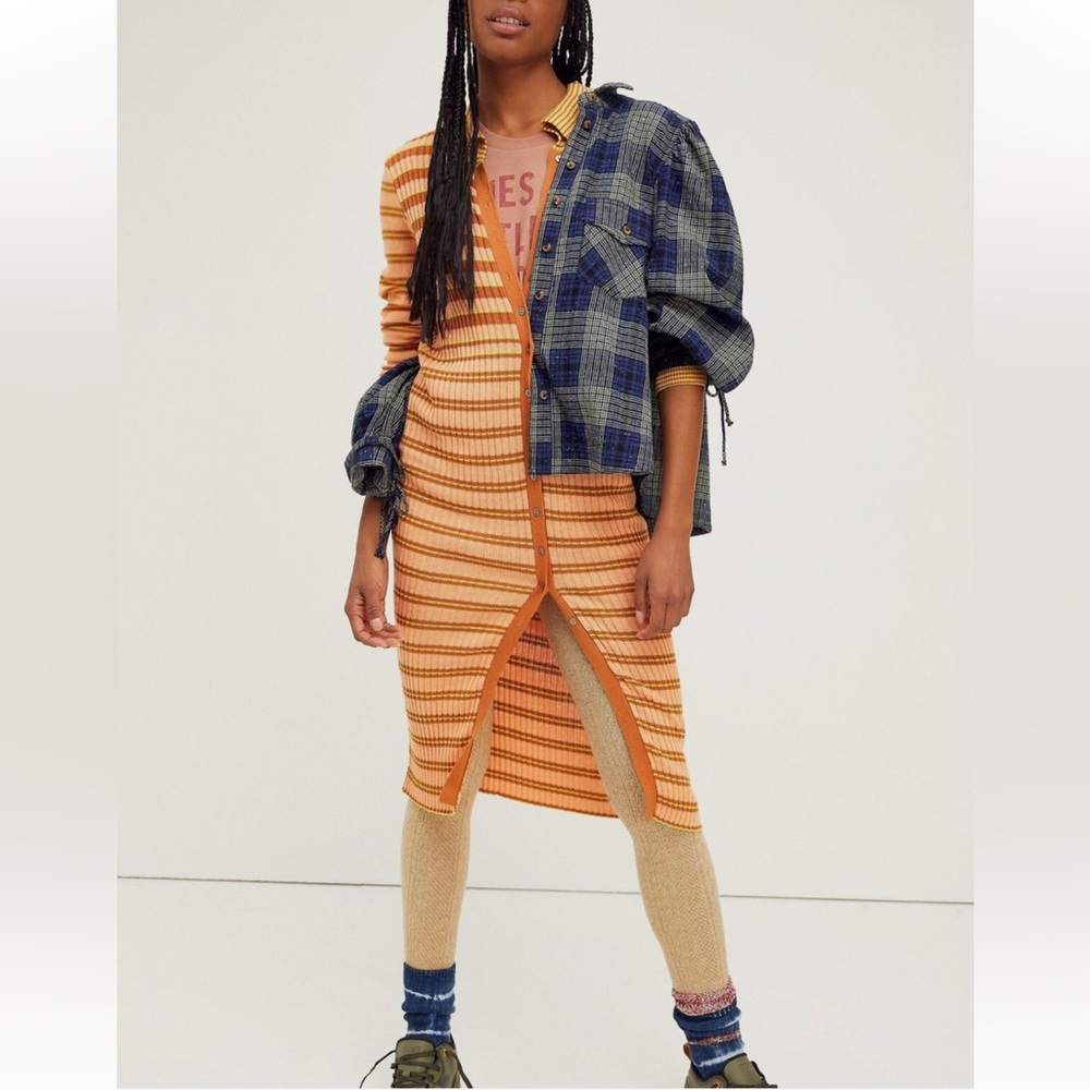 Free People Vibrant Orange Striped Midi Knit Dress